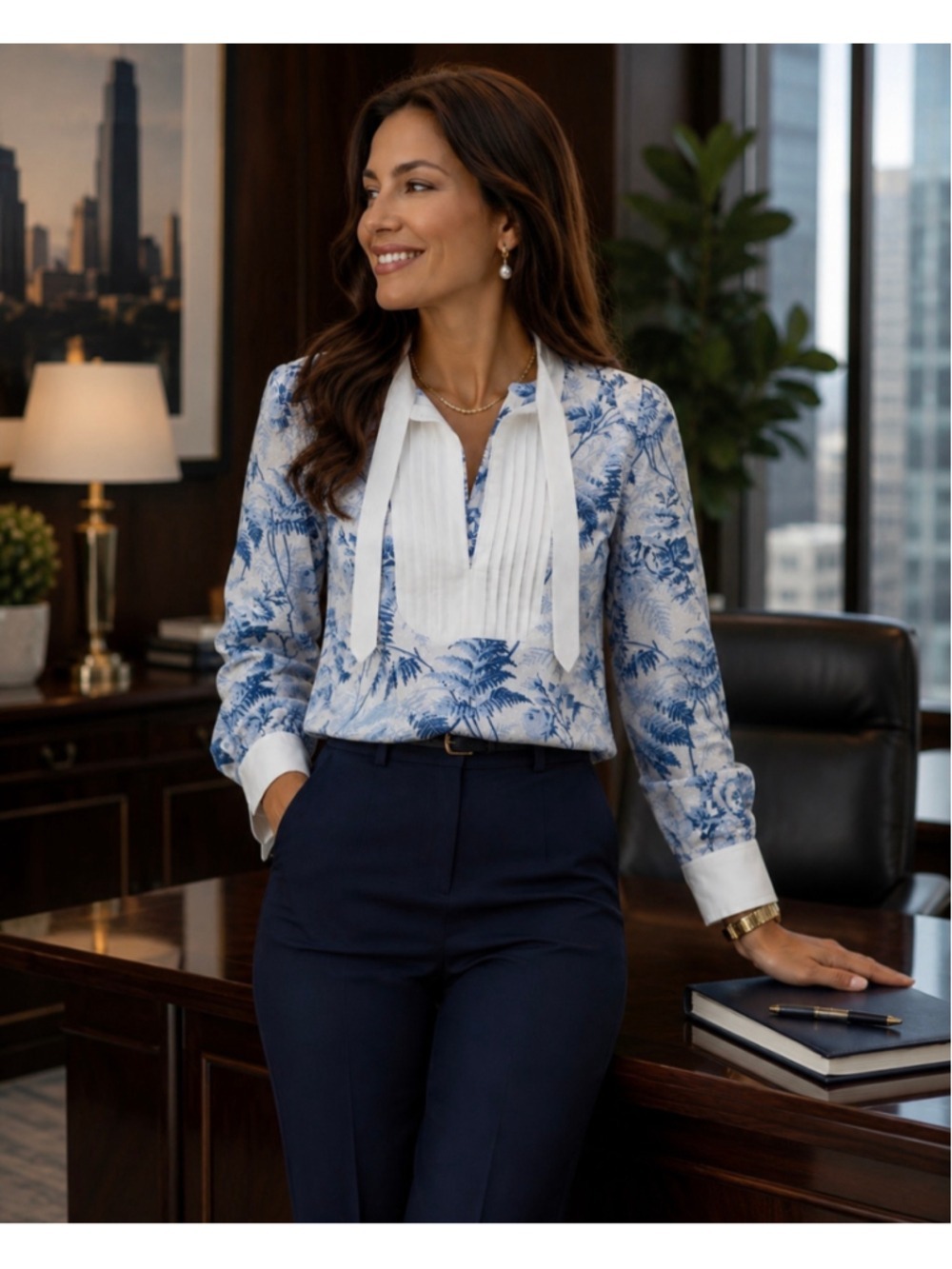 Brooks Brothers Blue Toile Cotton Tie-Neck Blouse White Bib Floral Top Size M - Picture 2 of 12